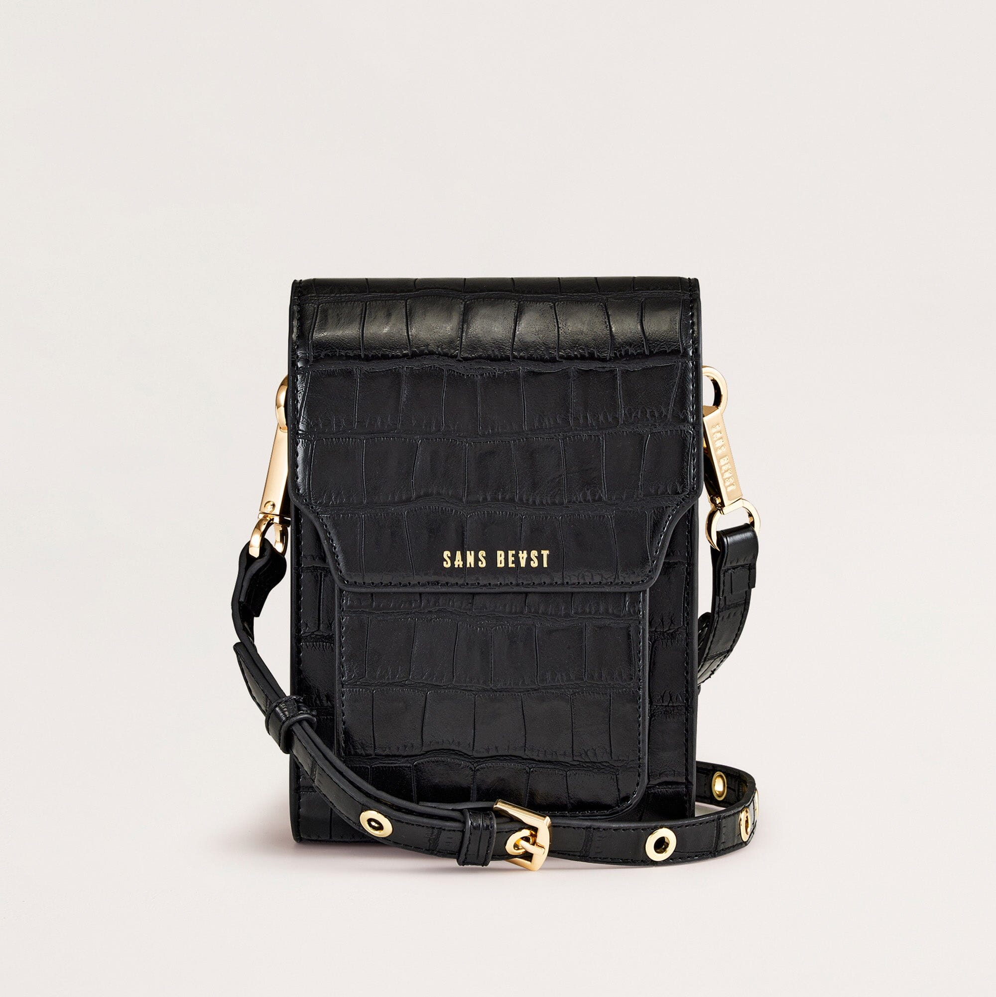 Bandolier Vegan Crossbody Bag Black Emboss Gold Sans Beast