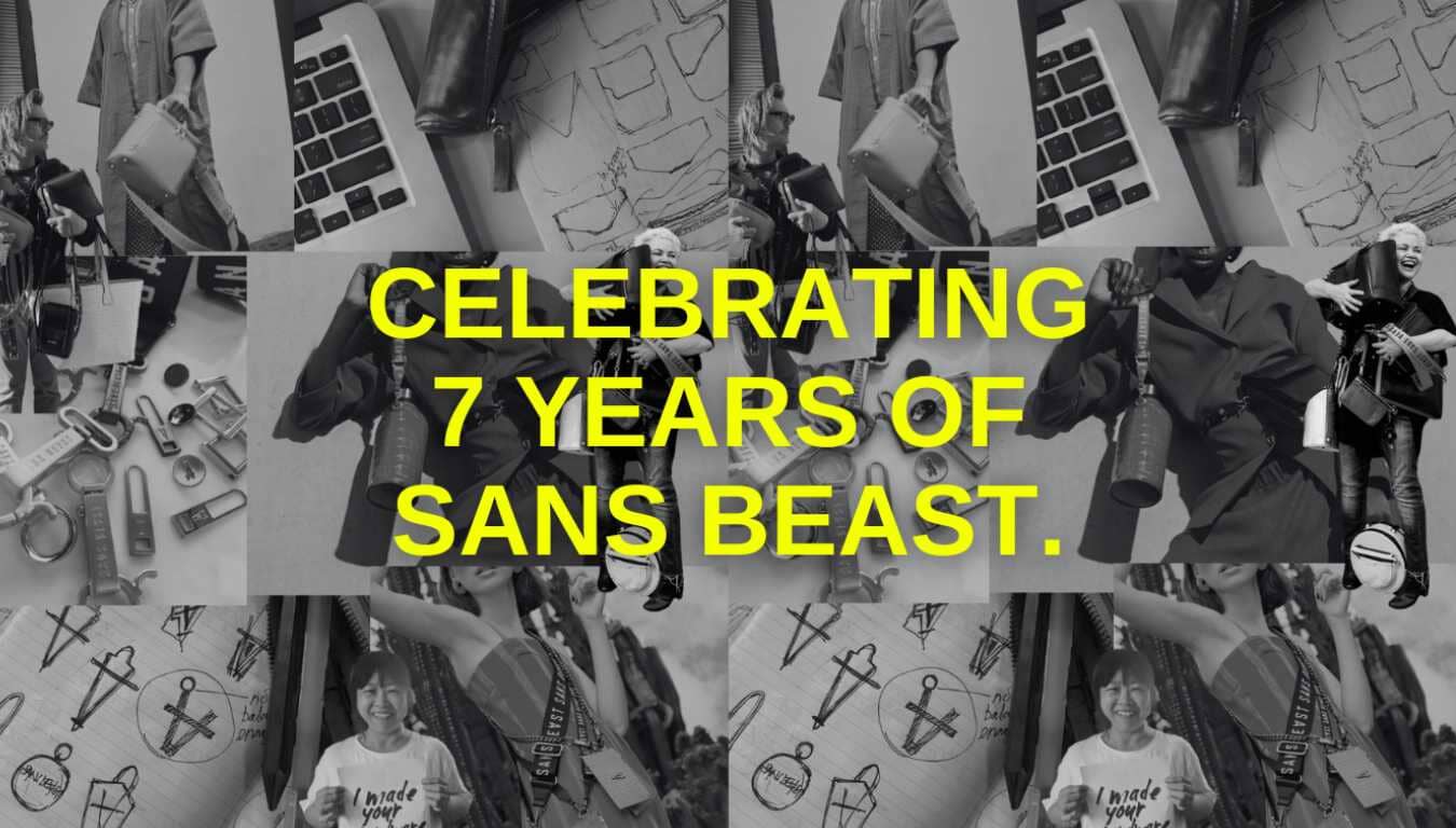 A collage of black + white images of Sans Beast vegan handbags, models, team members + makers.