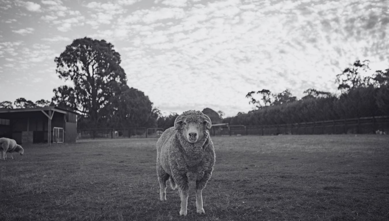 A sheep standing in a paddock under a blue sky at Edgar's Mission Farm Sanctuary