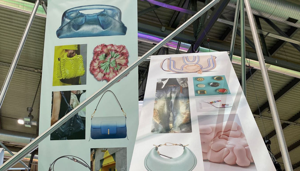 Image of moodboards showing handbags and decorative panels in pastel colours, from the Lineapelle trade fair in Milan