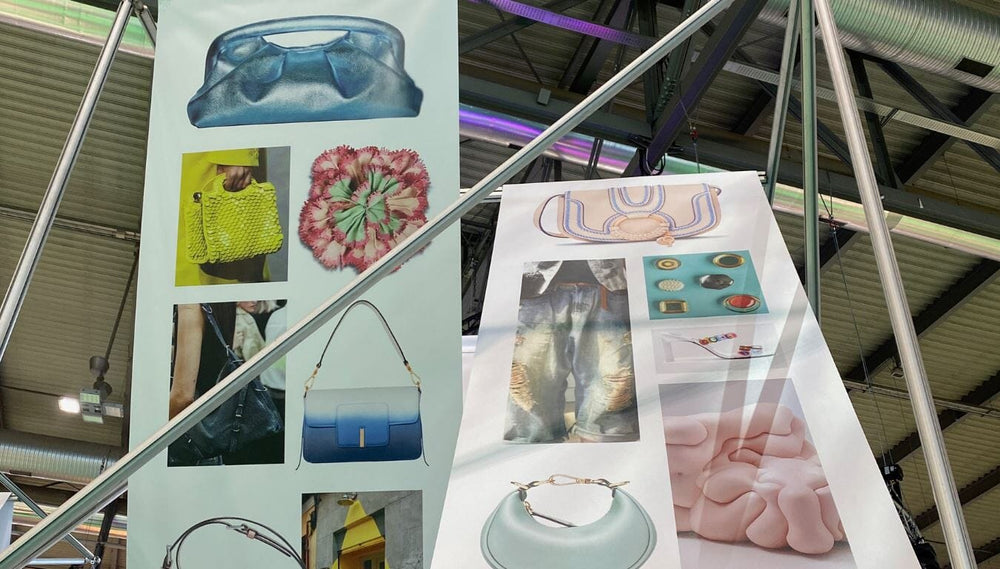 Image of moodboards showing vegan handbags and decorative panels in pastel colours, from the Lineapelle trade fair in Milan