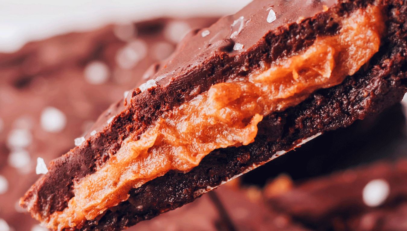 Closeup image of a vegan salted caramel tart.