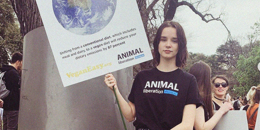 Emma Hakansson holding an Animal Liberation sign with other protestors