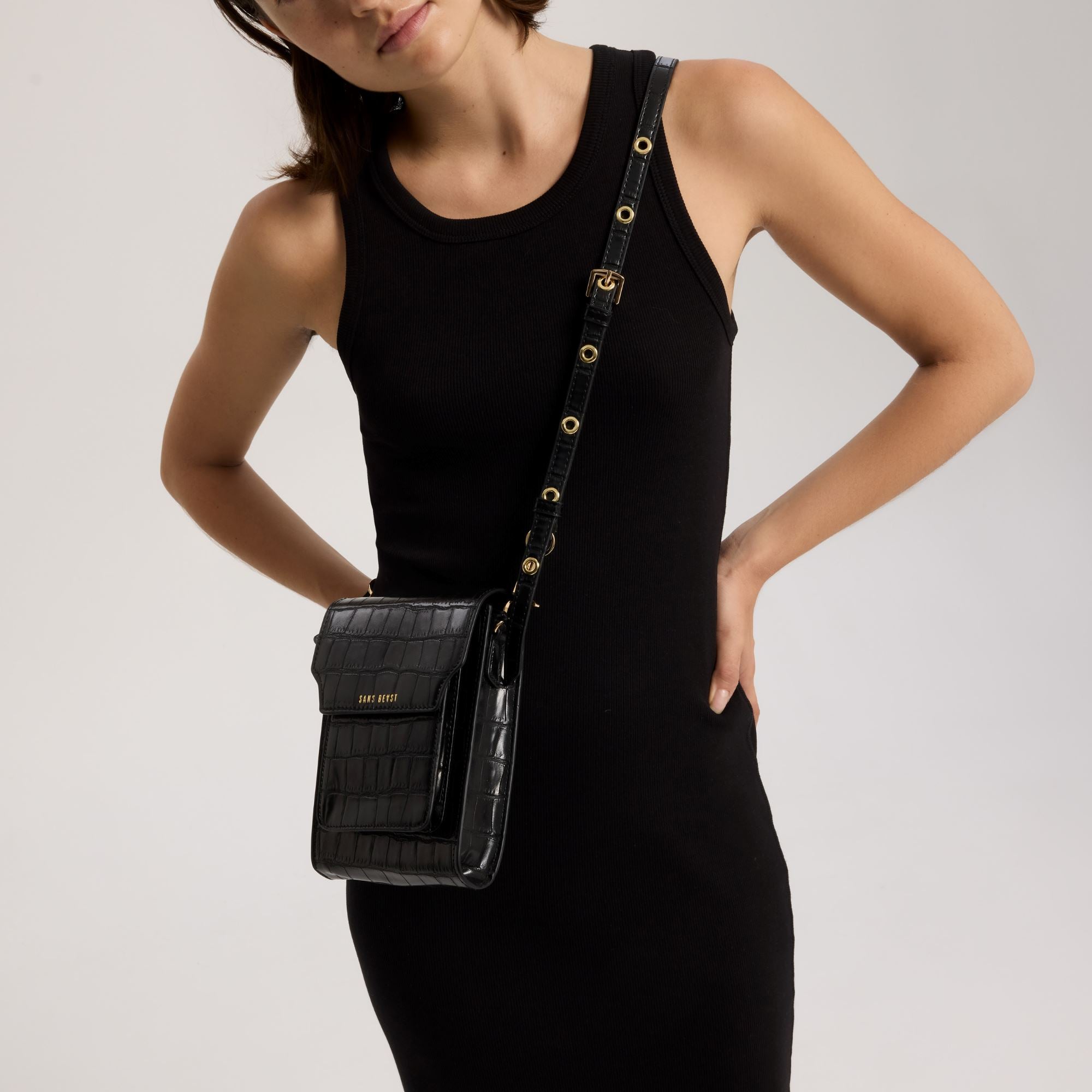 Bandolier Vegan Crossbody Bag Black Emboss + Gold Sans Beast