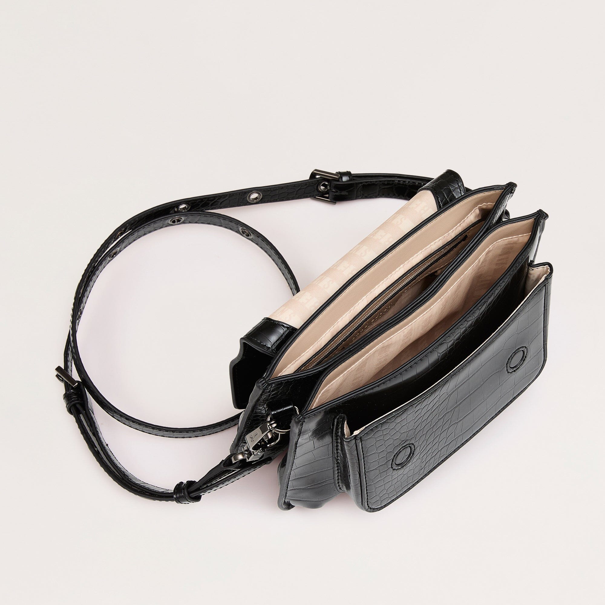 Reader Satchel Vegan Crossbody Bag Black + Gunmetal internal view